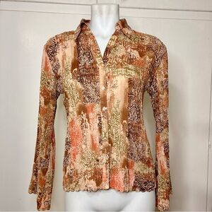 Vintage 90s Brown Tan Boho Crinkle Textured Flare Sleeve Button Up Blouse